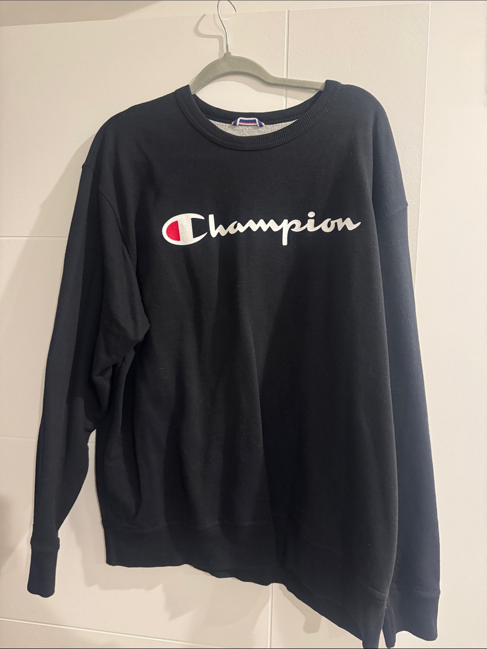 Champion Black Crewneck Sweatshirt with White Logo and Red Accent